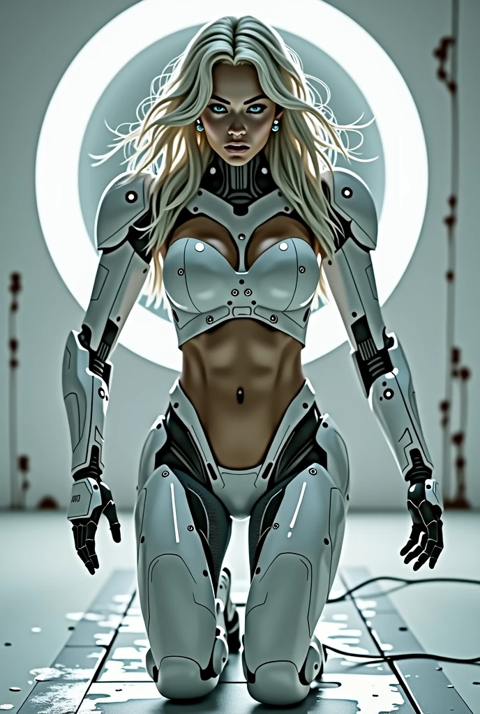 (masterpiece:1.2,Superior quality,Like a mirror,cinema experience),8k,wallpaper,(1 female),(Female robot warrior from the future:2.0),(Combat robotic arm:2.0),(Combat robotic legs:2.0),(pretty face,He is glaring here angrily.),(Kneel on one knee on a white halo),(hair blowing in the wind),(depicts a strong discharge:2.0),(Right knee raised:2.0),(Detailed hands:1.6),(Detailed foot:1.6),(Dynamic angle:2.0),(American cities in the 1980s:2.0),(SF:2.0),(cyberpunk:2.0),(Super Sexy:2.0),Super huge saggy K cup breasts，firm pink breasts, Tight super small ass，Very muscular，Hourglass figure super slim waist，Tight abdominal muscles like a female boxer，Almost naked except for the machine, No panties