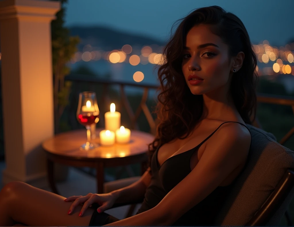 a young south american woman, 2, long wavy dark hair, detailed face, beautiful eyes,breast medium size, full lips, fit body, wearing a stylish black italian dress, sitting in a chair on a candle lit veranda overlooking an italian city at night,glass of wine on the expensive table, photorealistic, high quality, cinematic lighting, dramatic shadows, warm color tones, bokeh, masterpiece