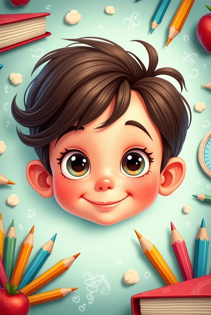 I want the face of an animated child with a cute look with school things in the background To use as a background for a badge with spaces to put letters