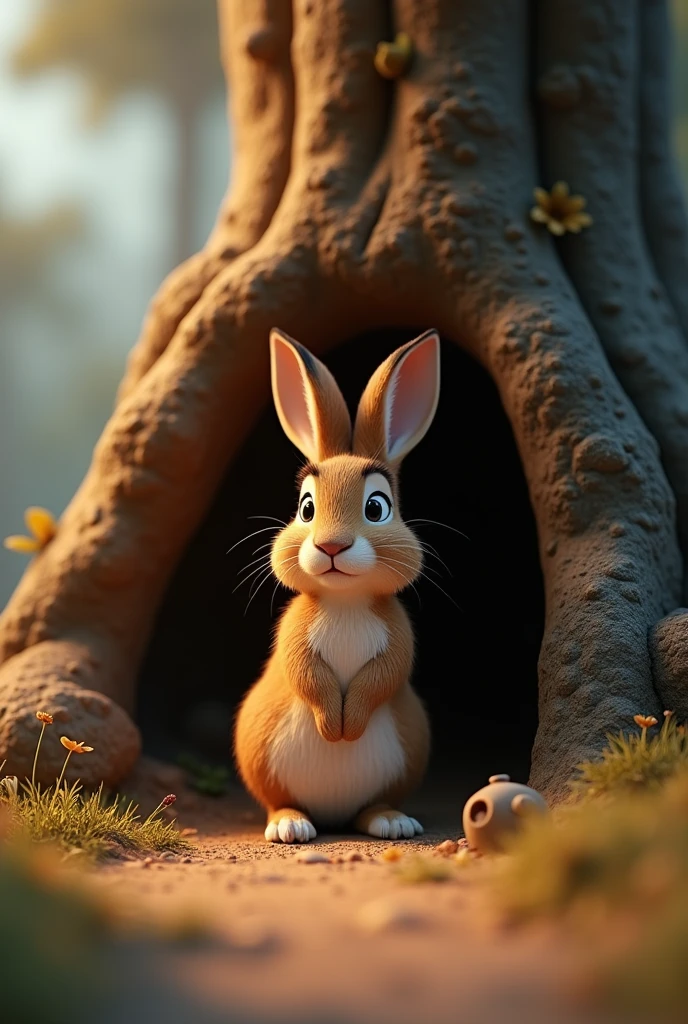 in 3d animation style"The hare finding a safe, cozy spot in a burrow or under a tree, looking calm and composed. The shelter should look secure and protective from the storm."

