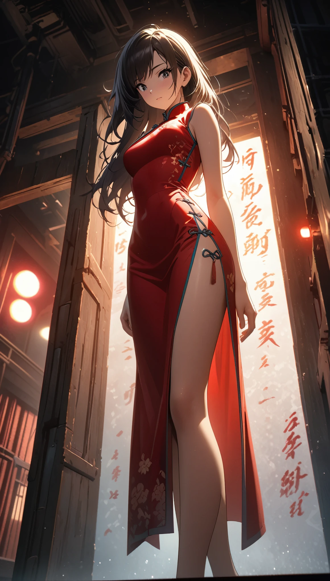 Cheongsam Girl,Long Hair,Pure white background,Depth of written boundary,Low angle view,Calf Level View,Overclocked Renderer,Cinema Lighting,Ultra-fine,Very detailed,complicated,Cinematic Perspective,CG Art,Side zipper