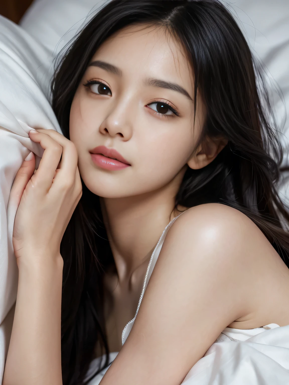 Highest quality, Soft Light, Ultra-high resolution, (Realistic:1.4), RAW Photos, whole body、Knee Shot, Wrapped in bed sheets, Lie down in bed, Of Japanese, alone, cute, (pupil, Light in your eyes), Beautiful face in every detail, (Long Hair), Black Hair, Natural skin texture