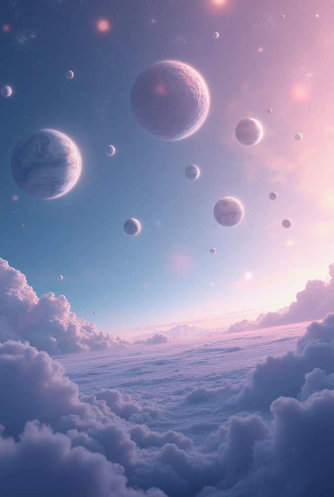 Create a dreamy, ethereal image of a cosmic landscape. At the very bottom, show the surface of a planet stretching across the entire width, occupying about a quarter to a third of the image height. Fill the rest of the image with a variety of small to medium-sized planets, distant moons, and numerous stars. These celestial bodies should vary in size, but all should remain relatively small compared to the planet surface at the bottom. Ensure there are many of these small planets visible, creating a rich cosmic tapestry. Add a soft, misty glow around the celestial bodies and use a pastel color palette to enhance the dreamlike atmosphere. Include a few wisps of translucent clouds or subtle nebulae to add a touch of wonder, but keep these minimal to maintain focus on the planets and stars. The overall effect should be of a vast, populated cosmic expanse with many small worlds visible.