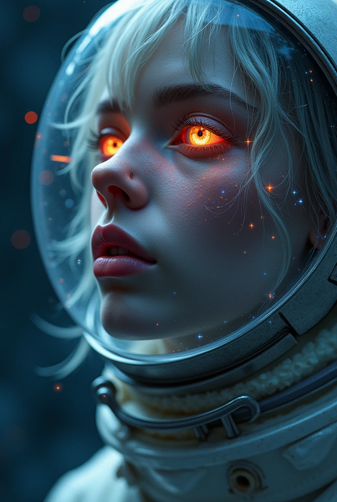 (Close-up of a better masterpiece:1.5)0.9], (Space and astronauts:1.2) (Messy silver hair:1.1) (Heterochromia xanthochromia and blue eyes:1.2) (Space Helmet:1.0) (Colored stars in the eyes:1.0) (A radiant glow:1.1) (thick lips:0.9)