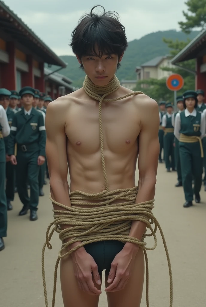 1boy、Handsome Men、Japanese male, 、Completely naked、Full nudity、erection、Huge penis、Highest quality、Realistic、beautiful、Sad look、 ((((Both arms were tied up with rope)))), ((((A very tight rope is crisscrossed over the chest)))),(((Body bound with tight rope)))、whole body、Surrounded by men and women in uniform、In front of the school gate、erection、完全Completely naked、On all fours、Prostration、His arms are tied over his head