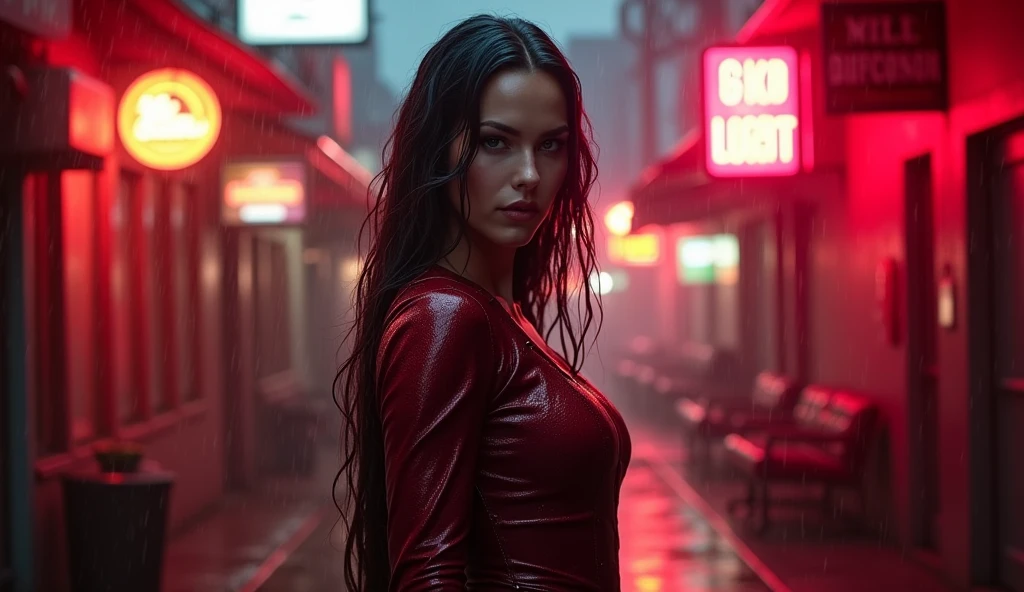 ((Best quality, 8k)), wanda maximoff maxi dress, standing in the rain, red light district, highly detailed face and skin texture, detailed eyes, wet dress, wet body