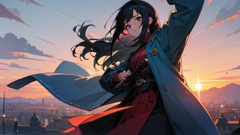 score up_9,score up_8,score up_7,source_anime,masterpiece,best quality,super fine illustration,super detailed,8k,retoro,fantasy, BREAK girl,perfect hands,perfect fingers,blue coat,samurai,holding_katana,BREAK around DRAGON,BREAK battlefield,sunset,background,