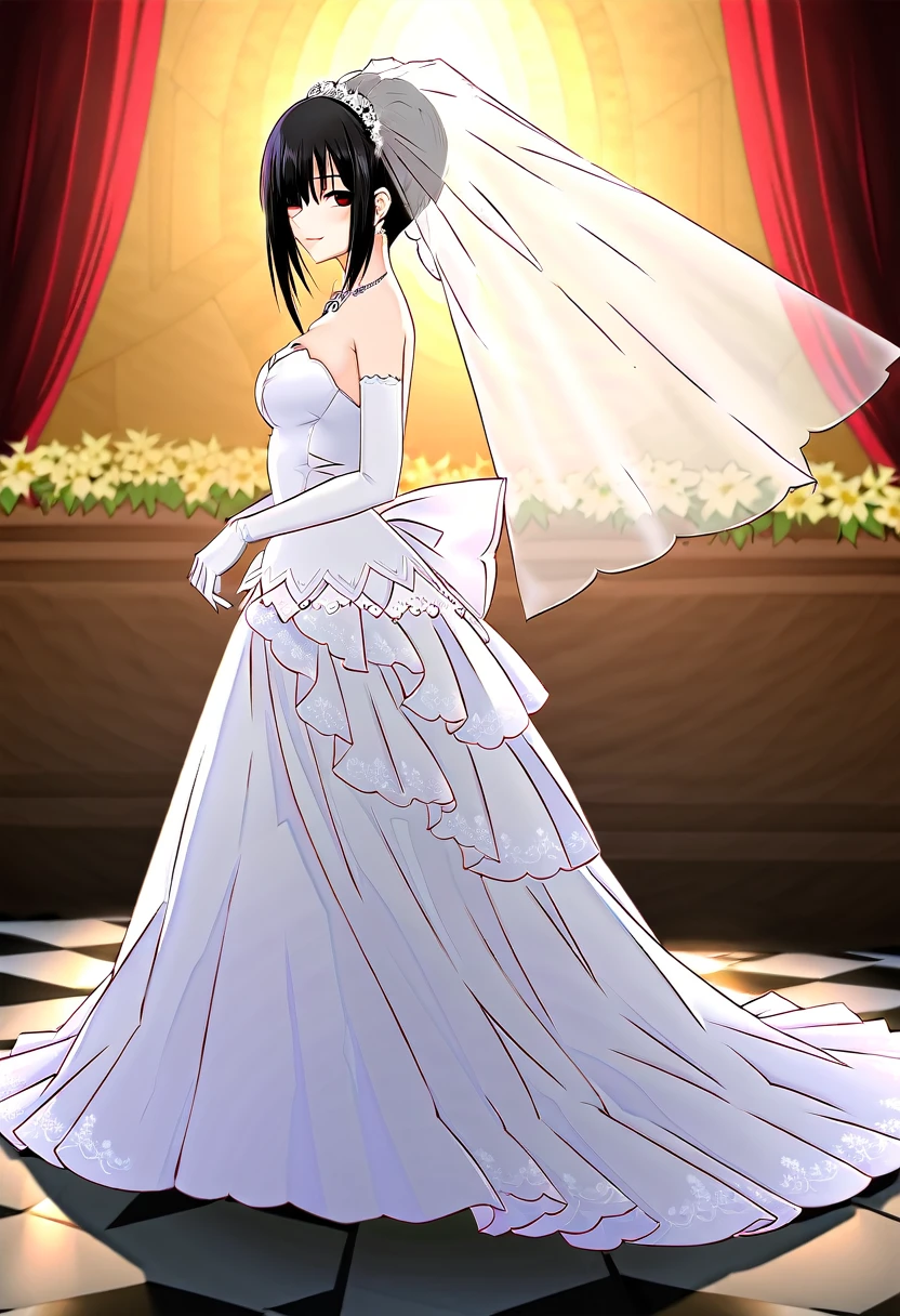 tokisaki kurumi,((masterpiece)),(((best quality))),((ultra-detailed)),((illustration)),((disheveled hair)),((frills)),(1 girl),(solo),1girl,bare shoulders,black hair,bow,bridal veil,bride,checkered,checkered floor,clothes pull,clothing,cross,dress,dress lift,dress pull,earrings,elbow gloves,female,female only,full body,garter straps,glass slipper,gloves,hair bun,hair over one eye,hand on window,headdress,head turned,high heels,jewelry,lace,lace trim,lace-trimmed legwear,lace-trimmed thighhighs,legs,lingerie,long legs,looking at viewer,necklace,open dress,open wedding dress,parted lips,red eyes,shoes,short hair,short hair with long locks,side view,smile,strapless dress,sunbeam,sunburst,sunlight,thighhighs,tied hair,veil,wedding dress,white bow,white legwear,white thighhighs,window,full body,Rating:safe,profile,from side,