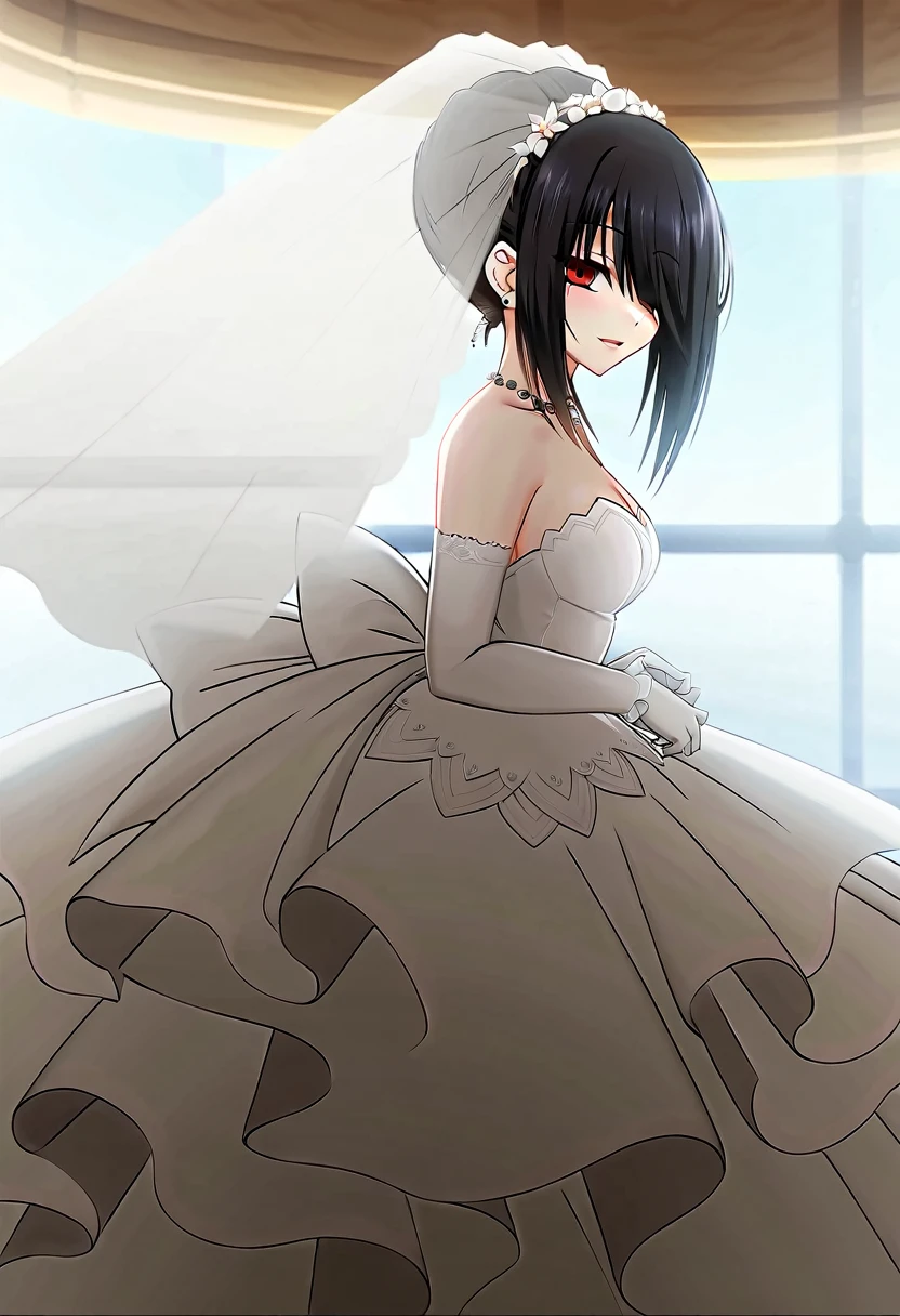 tokisaki kurumi,((masterpiece)),(((best quality))),((ultra-detailed)),((illustration)),((disheveled hair)),((frills)),(1 girl),(solo),1girl,bare shoulders,black hair,bow,bridal veil,bride,checkered,checkered floor,clothes pull,clothing,cross,dress,dress lift,dress pull,earrings,elbow gloves,female,female only,full body,garter straps,glass slipper,gloves,hair bun,hair over one eye,hand on window,headdress,head turned,high heels,jewelry,lace,lace trim,lace-trimmed legwear,lace-trimmed thighhighs,legs,lingerie,long legs,looking at viewer,necklace,open dress,open wedding dress,parted lips,red eyes,shoes,short hair,short hair with long locks,side view,smile,strapless dress,sunbeam,sunburst,sunlight,thighhighs,tied hair,veil,wedding dress,white bow,white legwear,white thighhighs,window,full body,Rating:safe,profile,from side,