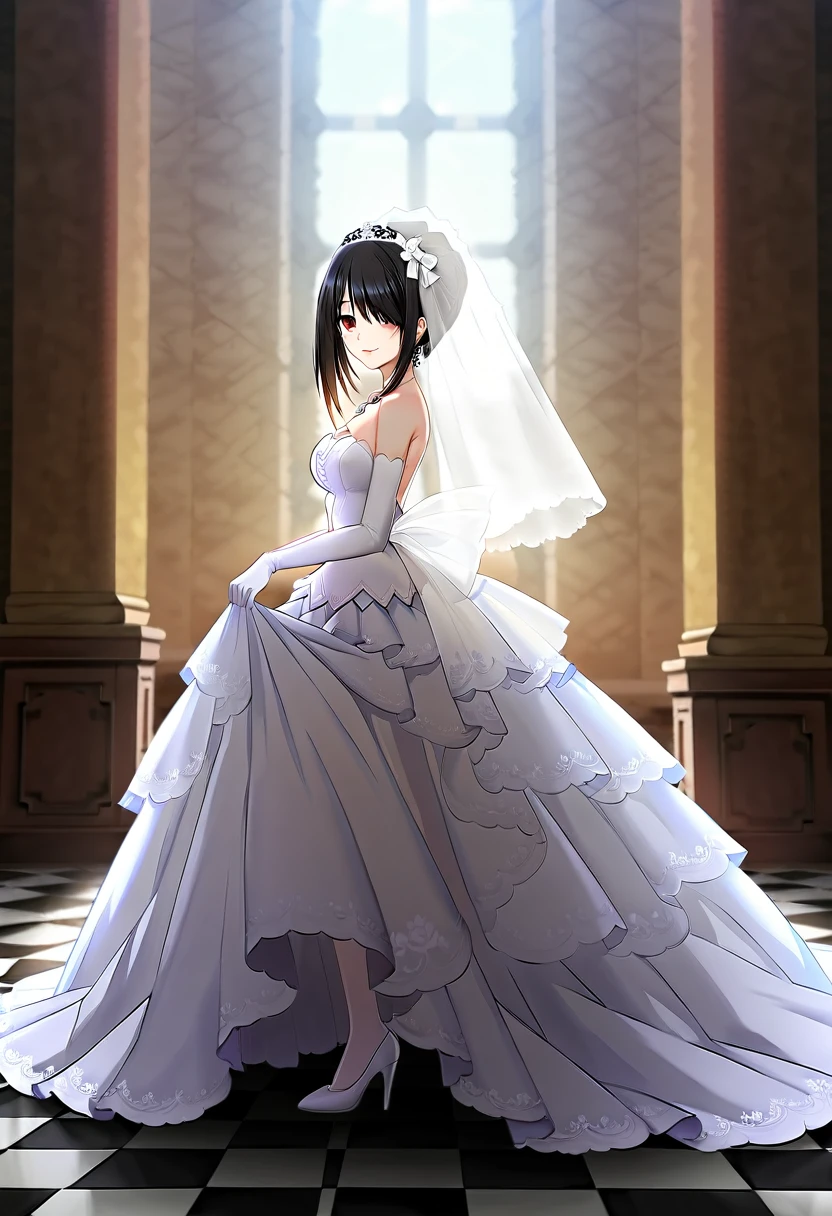 tokisaki kurumi,((masterpiece)),(((best quality))),((ultra-detailed)),((illustration)),((disheveled hair)),((frills)),(1 girl),(solo),1girl,bare shoulders,black hair,bow,bridal veil,bride,checkered,checkered floor,clothes pull,clothing,cross,dress,dress lift,dress pull,earrings,elbow gloves,female,female only,full body,garter straps,glass slipper,gloves,hair bun,hair over one eye,hand on window,headdress,head turned,high heels,jewelry,lace,lace trim,lace-trimmed legwear,lace-trimmed thighhighs,legs,lingerie,long legs,looking at viewer,necklace,open dress,open wedding dress,parted lips,red eyes,shoes,short hair,short hair with long locks,side view,smile,strapless dress,sunbeam,sunburst,sunlight,thighhighs,tied hair,veil,wedding dress,white bow,white legwear,white thighhighs,window,full body,Rating:safe,profile,from side,