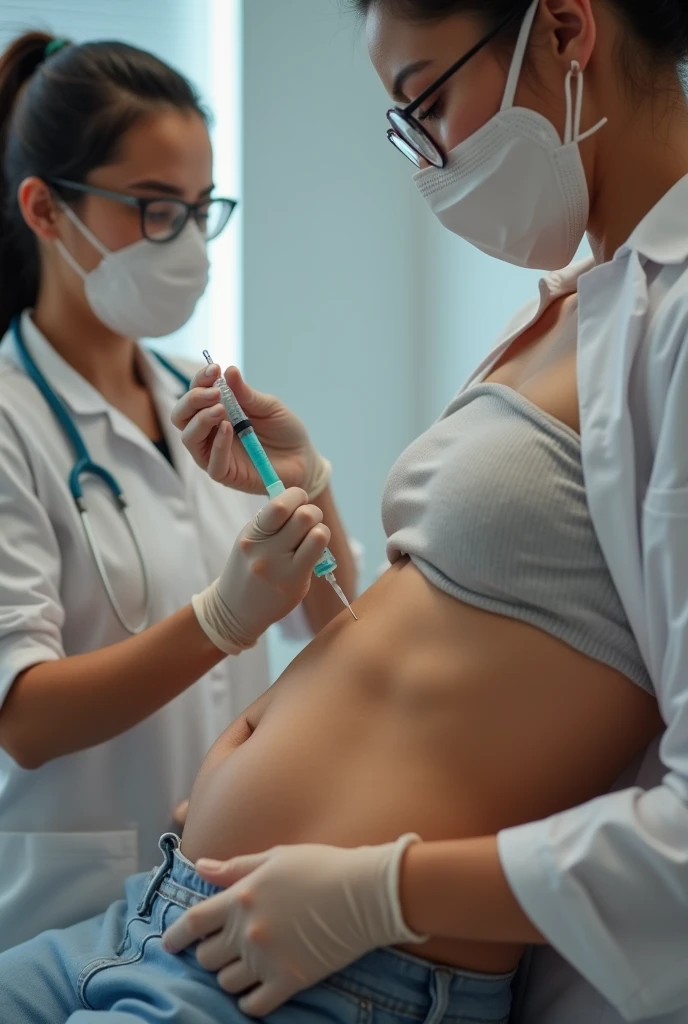 A woman is having a nurse inject a very large syringe into her asshole. 