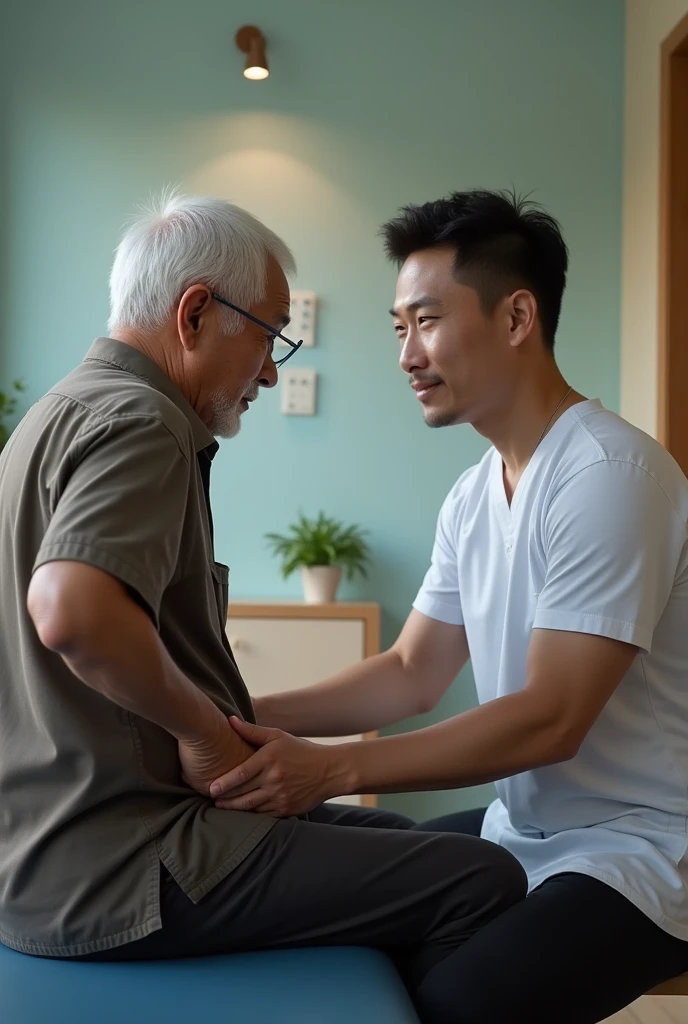 Malaysian elderly backpain with young
male physiotherapist