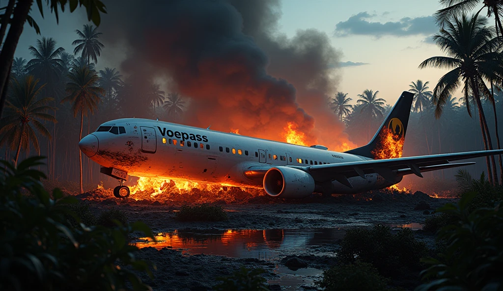 “A catastrophic jungle crash site at twilight, with flaming wreckage from the Voepass plane strewn across the ground. In the foreground, a wing fragment bearing the damaged Voepass logo is partially buried in the debris. Thick, black smoke rises from the burning fuselage, while flames cast an eerie orange glow across the shattered trees. The words ‘Voepass’ are prominently placed at the top of the image in bold, metallic letters, glowing faintly from the reflected firelight. Below, the title ‘Tragedy in the Sky’ appears in jagged, shattered text, with fiery embers and explosive effects surrounding it, amplifying the sense of disaster.”