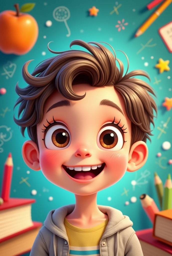 I want the face of an animated with a cute look with school things in the background To use as a background for a badge with spaces to put letters