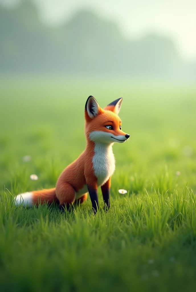 The fox stands sideways against the background of green grass in 3D realism style, the camera from the top gave max a cloudy light