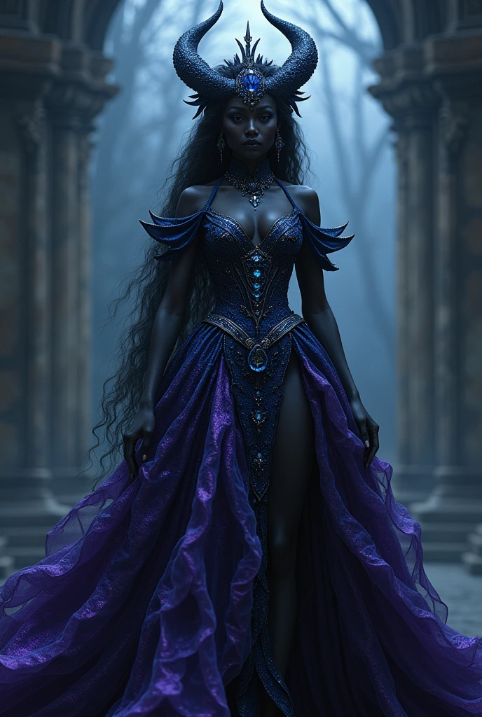 enchantress, skin black, purple and navy blue dress, shining stones