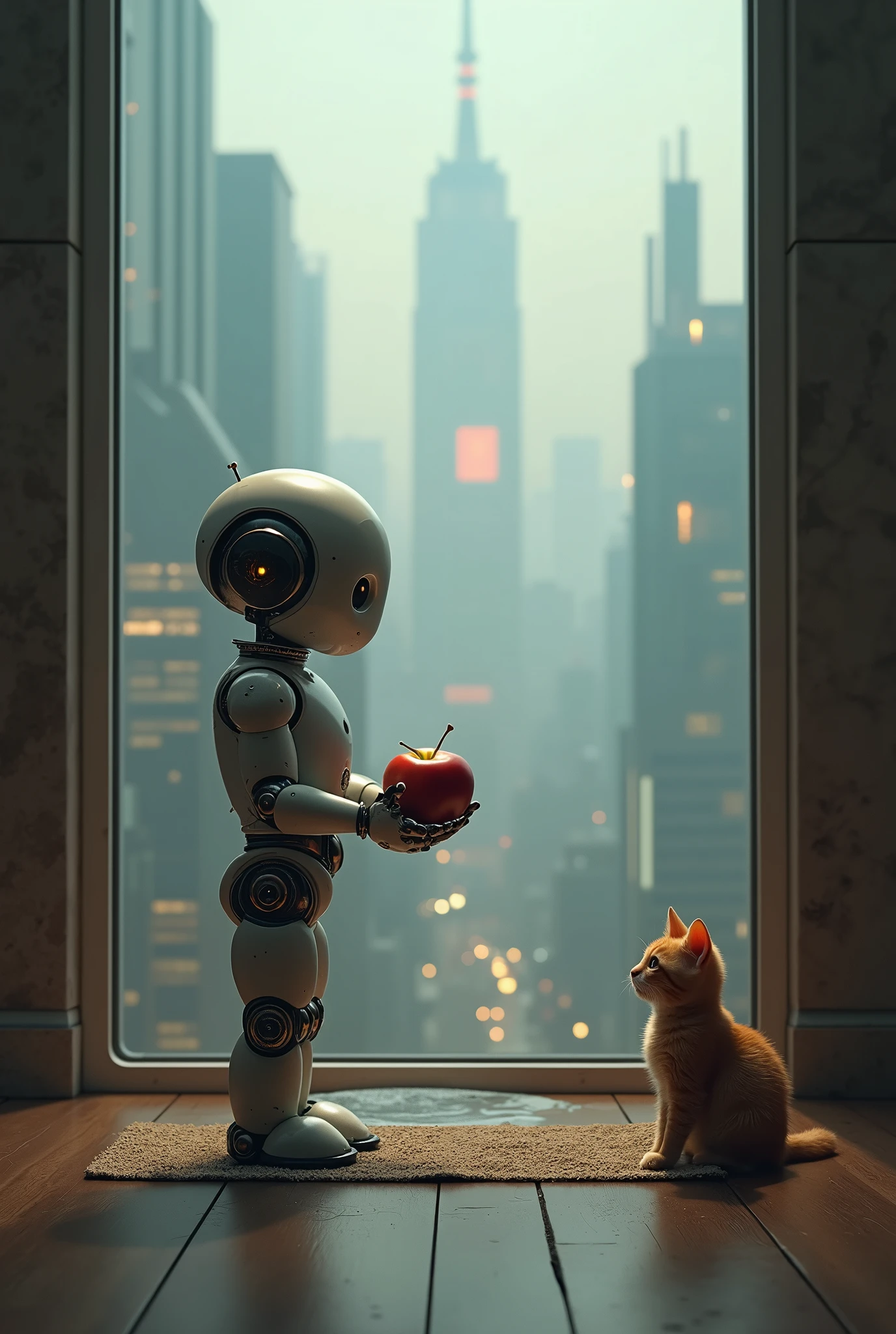 2079,A robot holding a bitten apple,Thoughtful,A small orange cat squatted quietly at my feet,Outside the window is a vast space immigrant city,Surrealism,Long shot,Low angle shot,Upward Shot,Strong sense of art,Movie Lighting,Delicate matte、Dark、Fantasy、Intricate details、Startup Screen、Complementary colors、Fantasy概念艺术、8k resolution is popular on Artstation Unreal Engine 5,Complex 3D rendering,150mm lens,