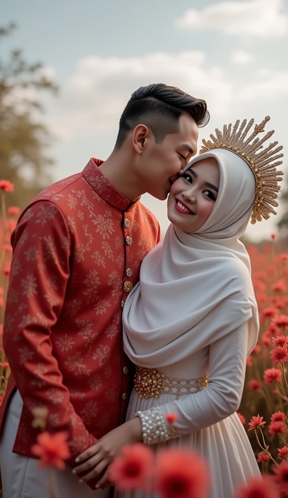 celebrate the wedding anniversary (a handsome man wears a white wedding dress and wears a Malay shirt with a top on his head and wears sampin to be a king for a day) (a beautiful woman wears a white wedding dress, a white veil with a pearl crown on her head) the background looks like beauty nature