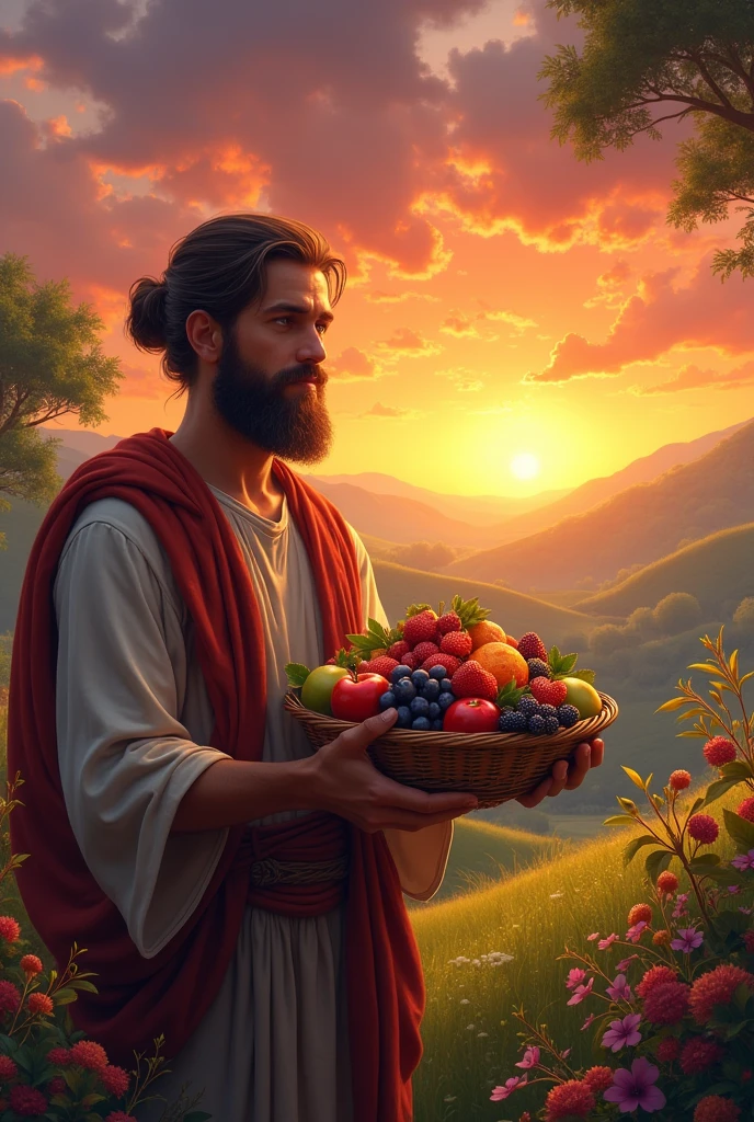 Cain offers the best fruits of the field and trees, colorful and very beautiful fruits. ao por do sol.