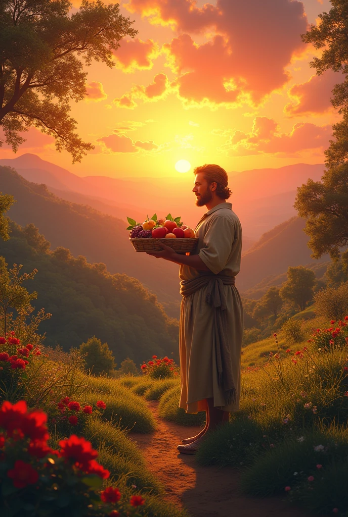 Cain offers the best fruits of the field and trees, colorful and very beautiful fruits. ao por do sol.