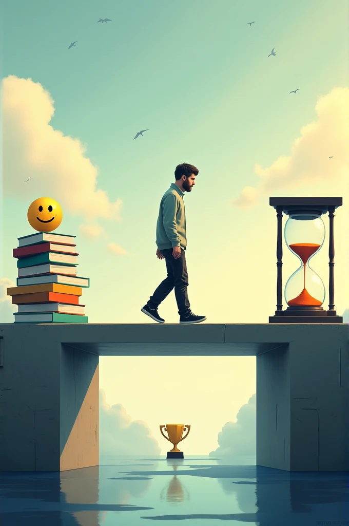 Man walking on a borge with a scale that have a acads word on the left and struggles on the right and a big hour glass on the right space with books and on the left space are emojis of happy sad and anger and at the end of a borge is a trophy
