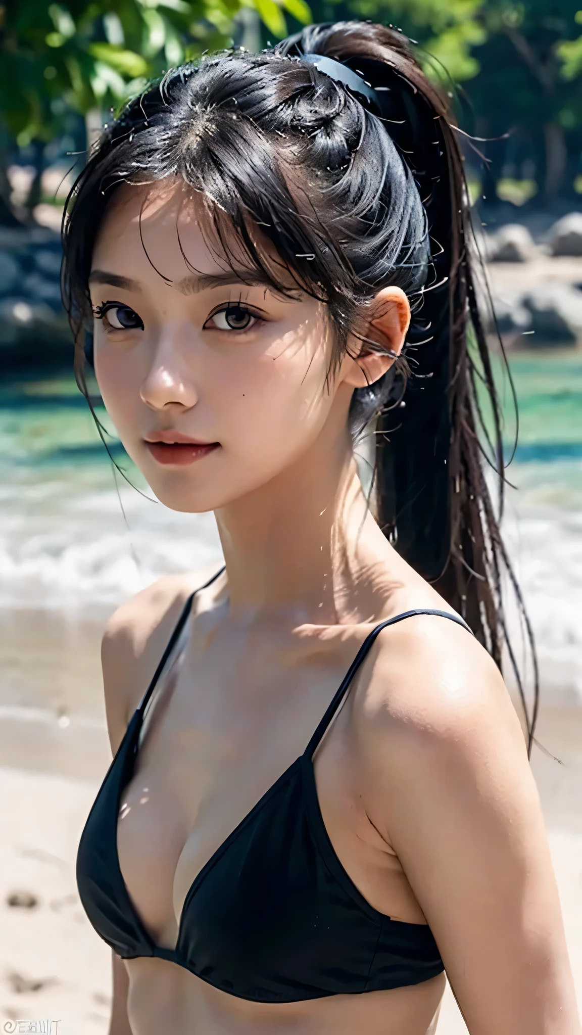 body shot,micro bikini,outdoor,beach,Body in front,masutepiece, The highest image quality, High quality, the background is clear,Beautiful woman, Japanese, Detailed, Ultra-detailed, finely detail, hight resolution, 8K Wallpaper, Perfect dynamic composition, Beautiful detailed eyes ,Detailed eyes, Detailed skin, Beautiful skin, 超hight resolution, (reality: 1.4),Very beautiful woman, Slightly younger face, Beautiful skin, slender, (Ultra photo realsisim), (hight resolution), (8K), (Very detailed) (beautifully detailed eyes), (super detailed), (Detailed face), view the viewer, Fine details, Detailed face, Staring straight ahead, Staring straight ahead, photos realistic, Bright lighting, Professional Lighting, Black hair,poneyTail,a baby face,sixteen years old,Hairstyle: ponytail,Long ponytail hairstyle,slight smile,