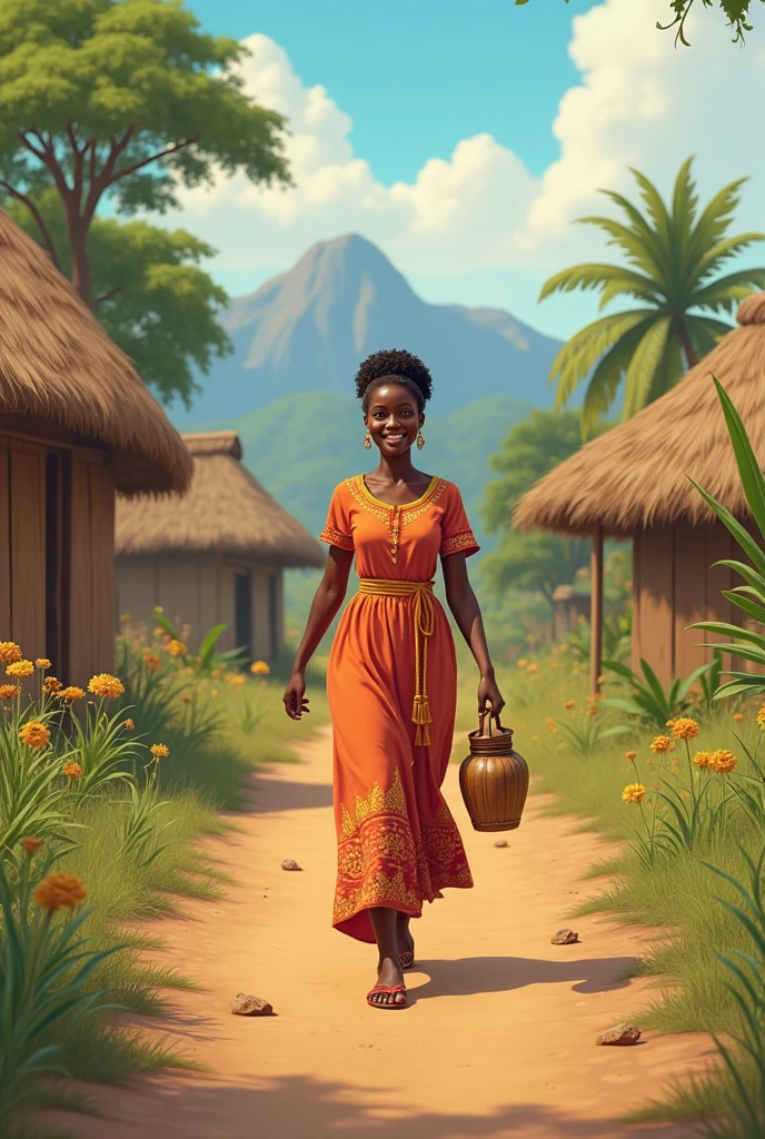 1920 x 1080 pixels (Full HD) "A fair-skinned African lady is walking alone on a road in a typical African setting. She’s holding a food flask in her hand and smiling. The scene reflects an African environment with traditional elements around her."