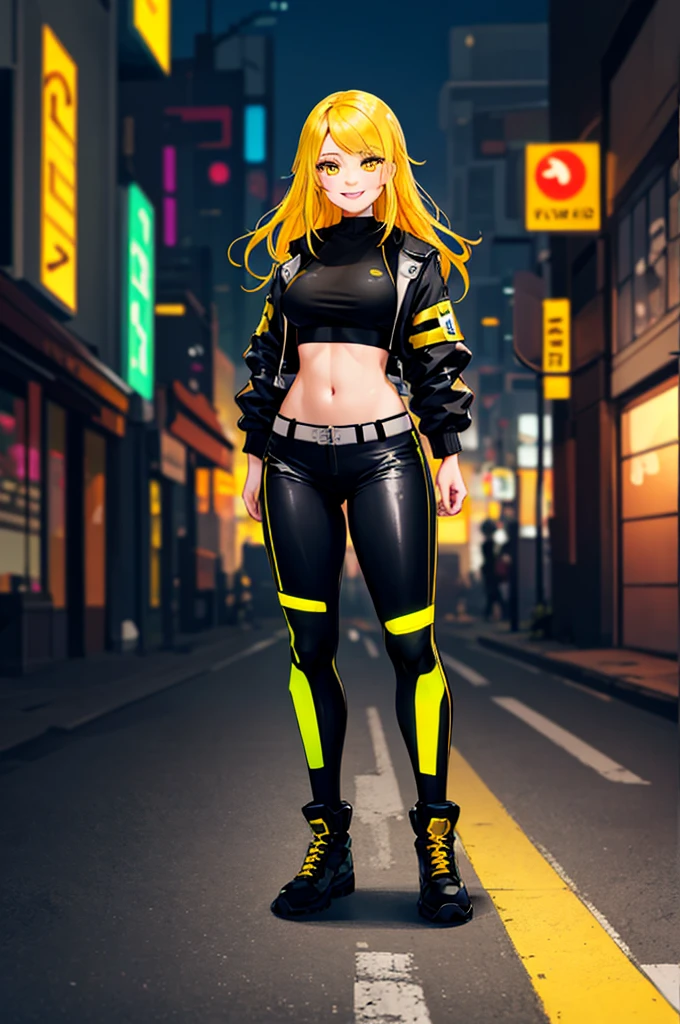 high quality, subsurface scattering, chromatic lighting,
colorized, yellow + black limited color palette, 
detailed concept drawing,
Street girl, cyberpunk, futuristic, full body, no weird things or color on her face,
portrait, 20yo 1girl, medium soft breasts, slender, crop top, jacket, combat pants, long yellow hair, yellow eyes, posing, smiling
