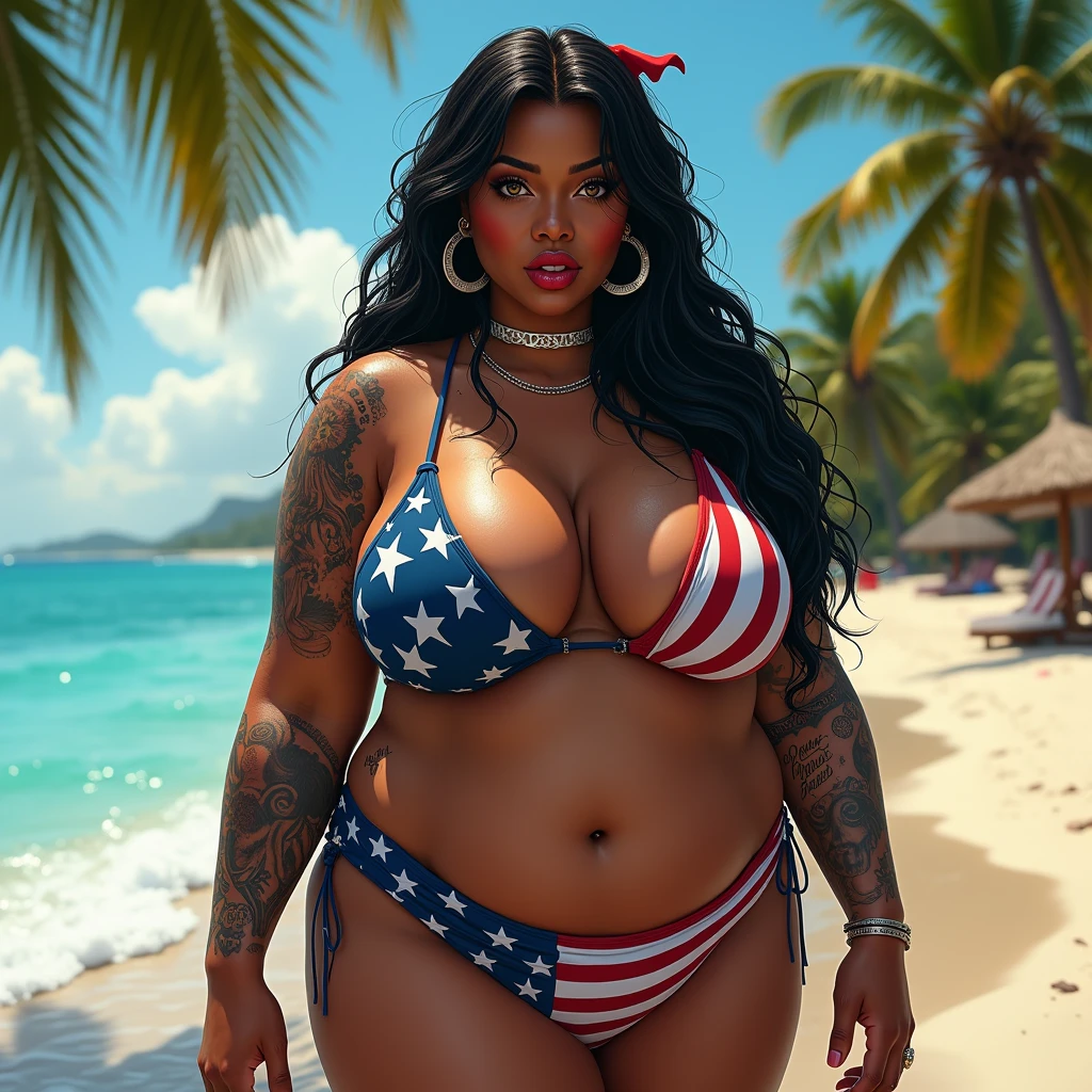 Mature Woman, mother, Mature Woman, 40-year-old woman, (((非常にblackい肌:1.3))), ((Slut))), Amber Eyes, black, very long untidy hair, Berry Short, ((Big Hair)), ((Red lips)), (Thick lips), (Swollen lips), Ahegao, Lips parted,Thick waist, Hourglass Shape, expensive, (Wide Hips), (((Huge thighs))), Huge Ass, smile, Lips parted, (Huge breasts, Deep valley, (Saggy breasts), belly button, (Thick waist), expensive, Greasy breasts, AMERICAN FLAG BIKINI, Micro Bikini, (big hoop earrings), bracelet, choker, Big Hair ribbon, Beach, Palm tree, Outdoor, Sexy pose, Focus on hips and thighs, Water Play, ((Wet)), Greasy breasts, Realistic lighting, Put your hands in your hair, Tilt your head,豊満Mature Woman、Drooling、Sweat、Armpit hair、Hairy、Tongue out、Full body Japanese tattoo、Belly piercing