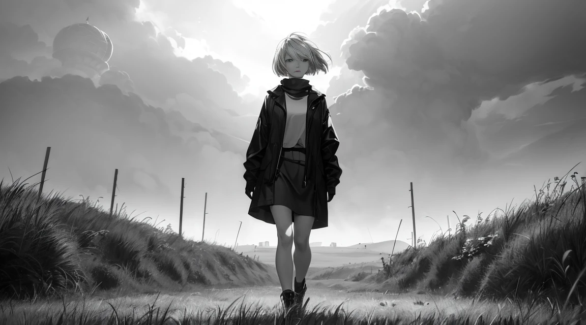 ((20-year-old woman,Short blonde bob hair,She walks through the grasslands of a monochrome world)),In a monochrome world,Monochrome Grassland,There are monsters in the grass,Uneasy atmosphere,