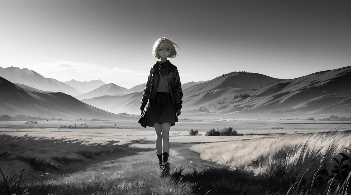 ((20-year-old woman,Short blonde bob hair,She walks through the grasslands of a monochrome world)),In a monochrome world,Monochrome Grassland,There are monsters in the grass,Uneasy atmosphere,