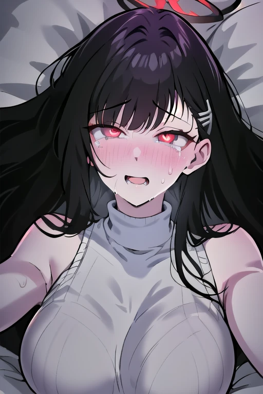 (masterpiece, best quality:1.2), highres, anime screencap, anime coloring, 1girl, solo, tears, scared,

tsukatsuki_rio, 1girl, solo, black_long_hair, breasts, bangs, large_breasts, red_eyes, halo black hair,



lying on bed, on back,armpits, (trembling body:1.4), (sweat:1.2), 
day, looking at viewer, portrait, (close-up face:1.2), upper body, open mouth, (Nose Blush:1.2), full-face blush, heart-shaped pupils, empty eyes, blank eyes, Perfect figure, Arched back, , , orgasm, afterglow, erotic smile, torogao
