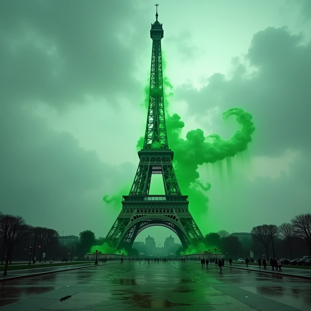A photorealistic image captures the Eiffel Tower in Paris, partially overtaken by a menacing, green blob. The blob is a thick, viscous substance with a vibrant, almost neon green color, giving it an otherworldly appearance. It has a gooey, translucent texture that creates a striking contrast against the iconic iron lattice of the tower.
The green slime is spreading from the top of the Eiffel Tower, slowly cascading down the structure in glistening, heavy drips. It clings to the metal beams, causing them to appear slick and wet. The slime’s surface reflects a cold, eerie light, which makes it seem to shimmer unnaturally against the darker backdrop of the sky.
The sky is overcast with dense, gray clouds, casting a dim, diffused light that heightens the unsettling atmosphere. The usual vibrancy of Paris is replaced by an ominous silence, as if the city itself is holding its breath. The scene is framed by the blurred outlines of nearby buildings, their details obscured by the thick, green mist that seems to emanate from the blob.
The ground around the base of the Eiffel Tower is slick with the same green substance, forming a puddled, reflective surface. The surrounding area, usually bustling with tourists and activity, is deserted, adding to the eerie and surreal quality of the scene. The overall tone is dark and unsettling, capturing a moment of surreal dread as the iconic symbol of Paris is overtaken by this strange, green goo.