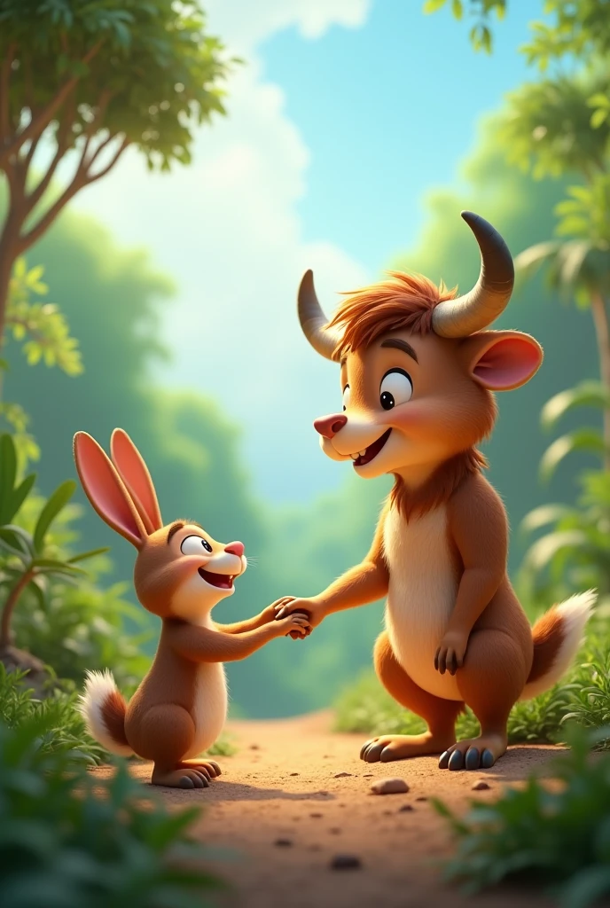 in 3d animation style"
The ox and hare meeting after the storm, shaking hands (or hooves) with smiles on their faces. The background should show the jungle recovering with bright, hopeful skies."
