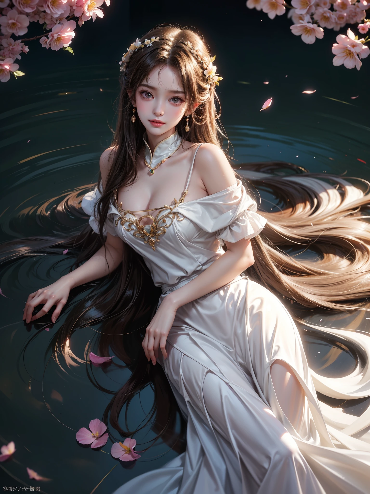 white dress
hip vent, long dress（(Girl lying in the pool))、She gently lifted her skirt with one hand，Make gentle and playful gestures，((Lots of flowers瓣)), Lots of flowers，Lots of scattered petals，Cherry tree，Petals are flying all over the sky，A beautiful and charming woman, Elegantly, Her plump breasts are on display.，Visible cleavage，Sexy long legs，Various slim and lovely beauties, Her long hair cascades down like a waterfall。She smiled brightly，Eyes sparkling，Her skin is flawless。Her curves are highlighted。Shine in the light，The color is pastel，She lay confidently，One hand on hip，Her posture is both graceful and strong.。She wore elegant high heels，It matches her outfit very well。In the warm golden sun。The overall mood of the picture is tranquil and uplifting，Emphasis on natural beauty and elegance, Studio Lighting,Vibrant colors, Cute girl, sweet smile, cosmetic，Shy，blush，Open your mouth，Heavy breathing，moan，超realism，realism，Movie Lighting，comfort，Sony FE GM，Retina，masterpiece，precise，Anatomically correct，Textured Skin，Super Detail，High Detail，best quality，Colorful