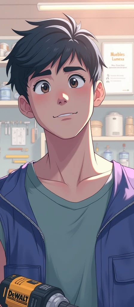 character:
Age and Appearance: Young male, About 30 years, thin, with a confident and energetic attitude, He does not have a beard.
hair: negro, short and somewhat disheveled, with strands that fall slightly over the forehead for a modern look.
CLOTHES: She is wearing a tight t-shirt, Possibly in a dark color like black or gray, and a purple sleeveless vest on top. The vest has several tool pockets and functional details..
Accessories: He holds a yellow and black Dewalt impact driver in one hand, which adds a touch of action and dynamism to the image.
Image: full body, There is melamine furniture in pieces.
bottom:Environment: A repair or DIY workshop. The background is full of shelves with tools, melamine furniture and some machines or work benches.
Background details: Tools hanging on the wall, an open toolbox with various tools scattered around, and perhaps some blueprints or manuals on a work table to give the environment a more authentic feel, The character is dedicated to assembling melamine furniture, On the wall there is a white picture that says MUEBLES LUMEXA