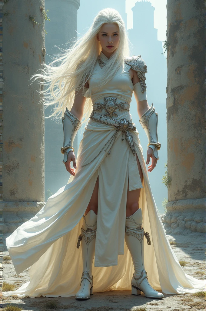 An albino warrior with long hair, wearing a white outfit, the image of a castle wall in the background