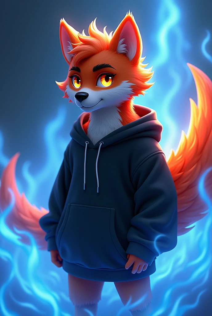 Furry boy phoenix,
Wearing a black sweatshirt, surrounded by blue fire