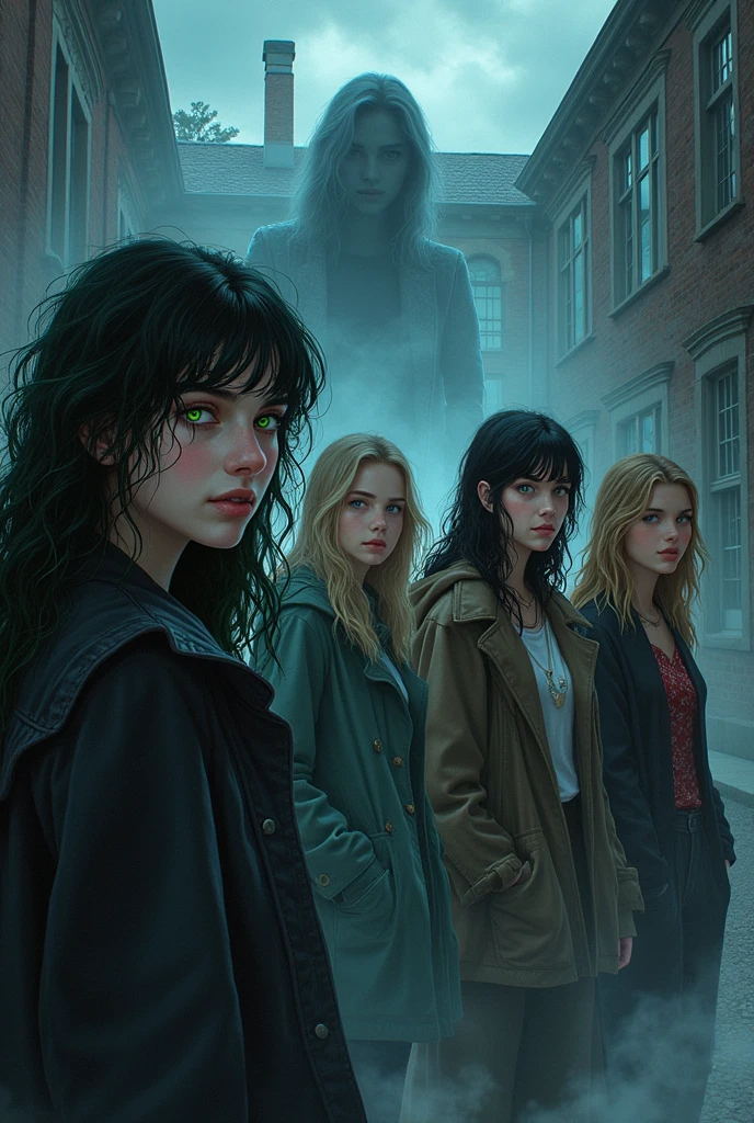A book cover design with title: "Les Murmures du passé". The cover should feature a renaissance-style high school building in the background. In the foreground, there are four girls: the rebellious one with black hair and green tips, and green eyes; the popular one with blonde hair and blue eyes; the studious one with brown hair and brown eyes; the cool one with black hair and black eyes. The fifth girl is a Ghost, wearing chic 1990 clothing, appearing slightly translucent. They are all depicted as if investigating something mysterious. The color palette include dark, moody tones with hints of silver and blue. The title is in a gothic font at the top. With the autor's name: " Sombiniaina J." At the bottom.