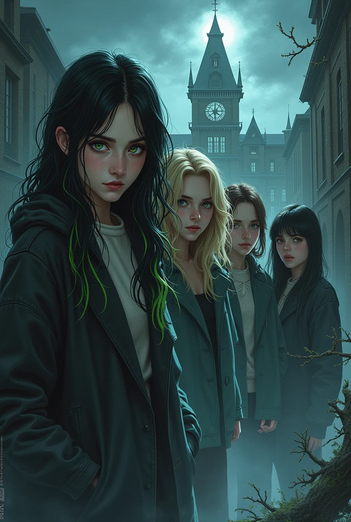 A book cover design with title: "Les Murmures du passé". The cover should feature a renaissance-style high school building in the background. In the foreground, there are four girls: the rebellious one with black hair and green tips, and green eyes; the popular one with blonde hair and blue eyes; the studious one with brown hair and brown eyes; the cool one with black hair and black eyes. The fifth girl is a Ghost, wearing chic 1990 clothing, appearing slightly translucent. They are all depicted as if investigating something mysterious. The color palette include dark, moody tones with hints of silver and blue. The title is in a gothic font at the top. With the autor's name: " Sombiniaina J." At the bottom.