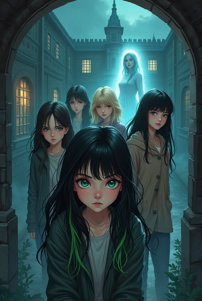 A book cover design with title: "Les Murmures du passé". The cover should feature a renaissance-style high school building in the background. In the foreground, there are four girls: the rebellious one with black hair and green tips, and green eyes; the popular one with blonde hair and blue eyes; the studious one with brown hair and brown eyes; the cool one with black hair and black eyes. The fifth girl is a Ghost, wearing chic 1990 clothing, appearing slightly translucent. They are all depicted as if investigating something mysterious. The color palette include dark, moody tones with hints of silver and blue. The title is in a gothic font at the top. With the autor's name: " Sombiniaina J." At the bottom.