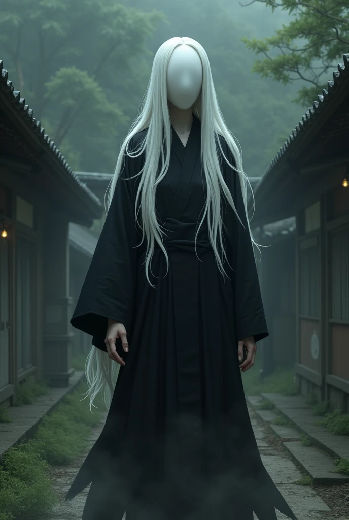 Create an original yokai named Mugao. This yokai has a completely flat, expressionless face, long white hair, wears a black kimono, moves without making a sound, causes a drop in temperature when standing in front of someone, makes it hard to breathe when near, and emits a quiet sobbing sound. The background is an abandoned shrine, emphasizing a haunting and eerie atmosphere.

