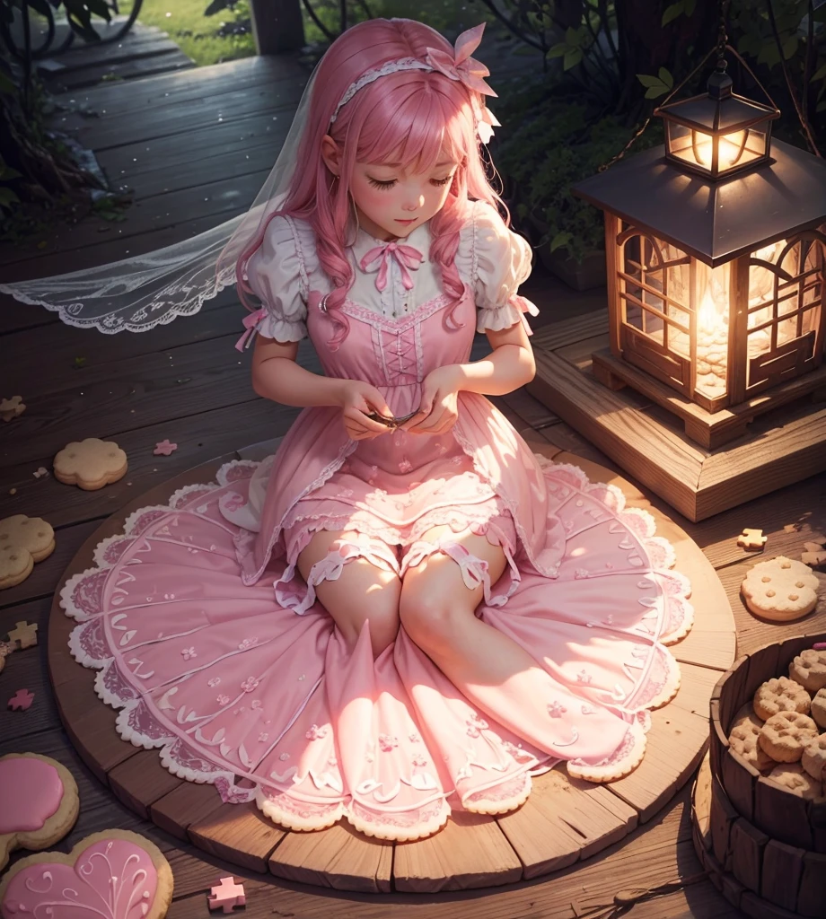 Making handmade cookies by combining them like a puzzle in the forest Candy House Fairy World chocolate The light shines through Delicate lace and ribbon Light color pink white