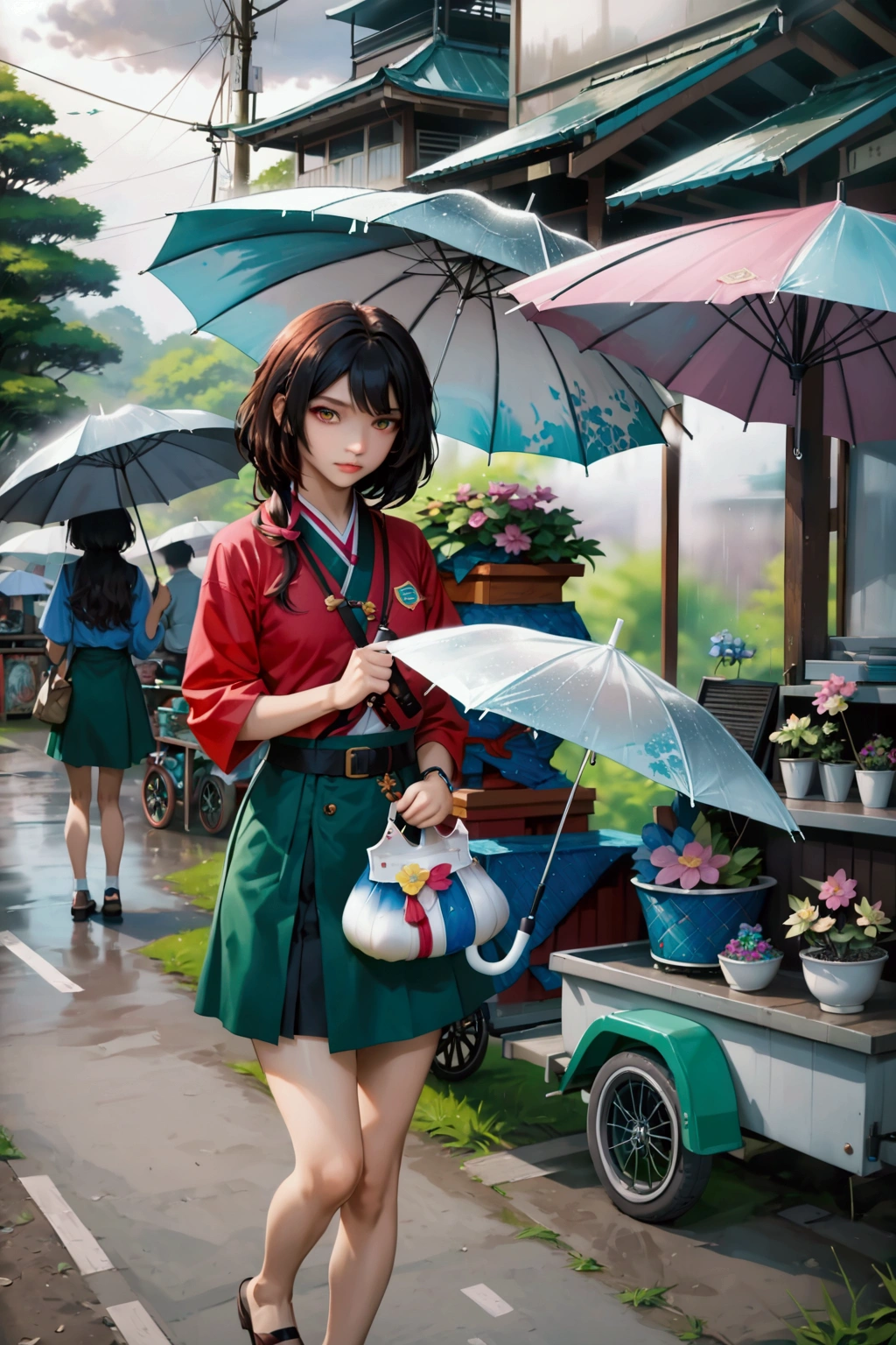 realistic anime illustration of young woman, black long wavy hair, is holding an umbrella on rainy day, (1girl, solo, full body), (masterpiece, best quality, japanese anime style), (expressive eyes, perfect face)