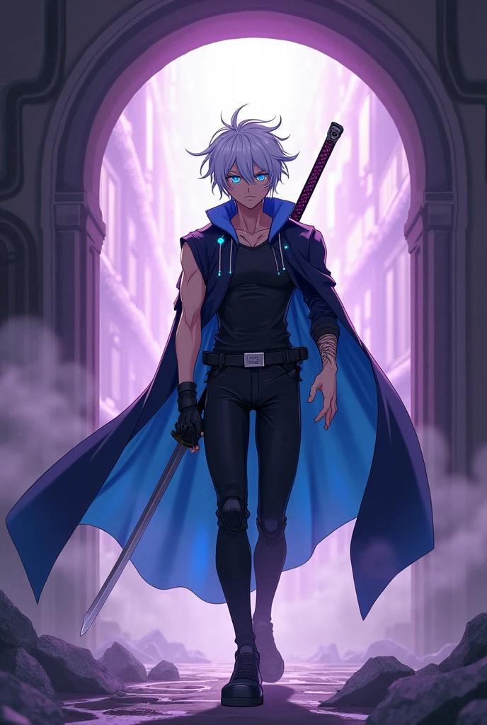 Create a muscular adult boy with short white hair with cyan blue highlights hairstyle, He lost his left arm and had scars on his right eye in an underground facility exiting a portal into another apocalyptic reality, The boy wears a dark futuristic suit with a blue cape. He carries a Japanese sword., surrounded by a purple mist and his psychopathic facial expression ANIME CYBERPUNK STYLE