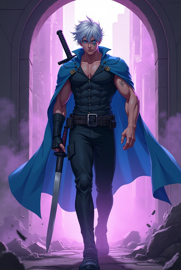 Create a muscular adult boy with short white hair with cyan blue highlights hairstyle, He lost his left arm and had scars on his right eye in an underground facility exiting a portal into another apocalyptic reality, The boy wears a dark futuristic suit with a blue cape. He carries a Japanese sword., surrounded by a purple mist and his psychopathic facial expression ANIME CYBERPUNK STYLE