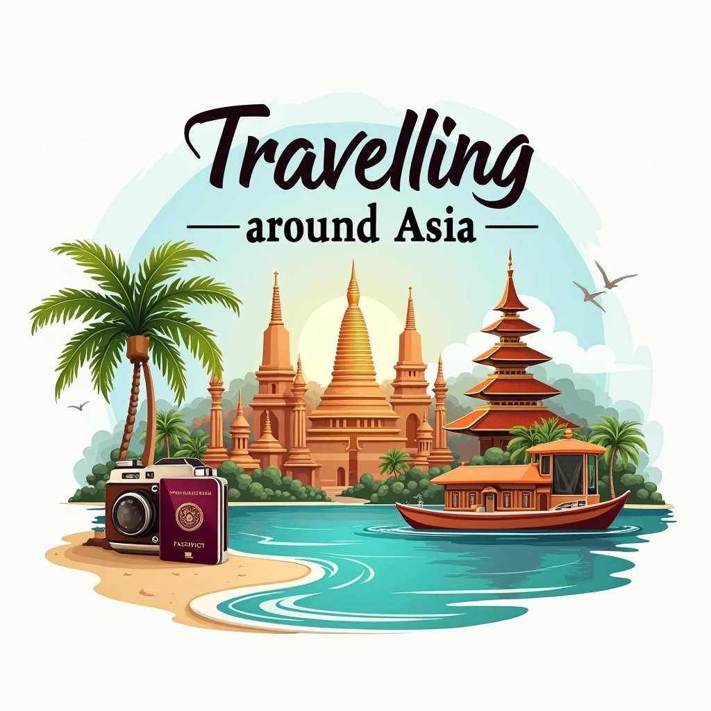 making the name 'Travelling around Asia' the focal point, The design should incorporate tropical beaches, a passport, pagodas, hindu temples and a camera. using a stylish, readable font.
