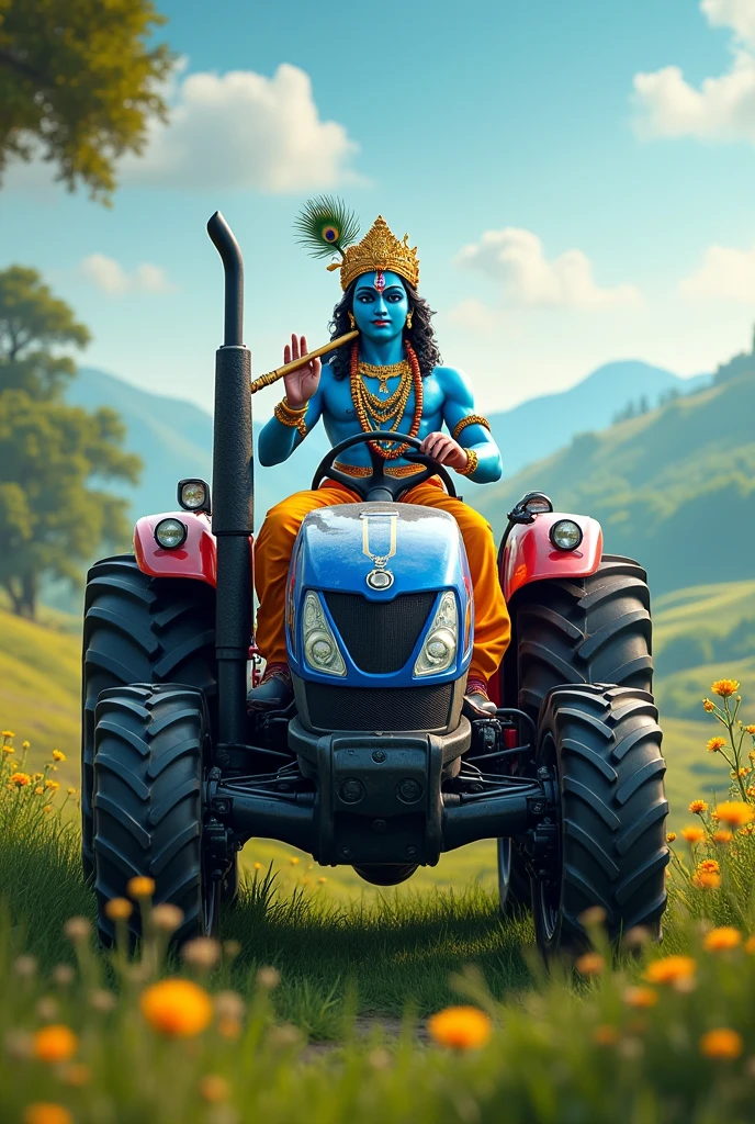 New holland tractor model 9010 with lord krishna driving 2 tractor 
