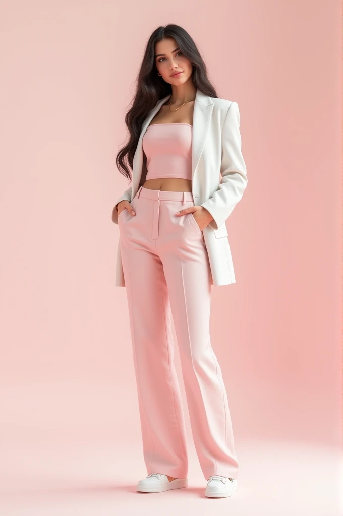Make a woman wearing a light pink tube top with light pink trousers and white blazer and white shoes