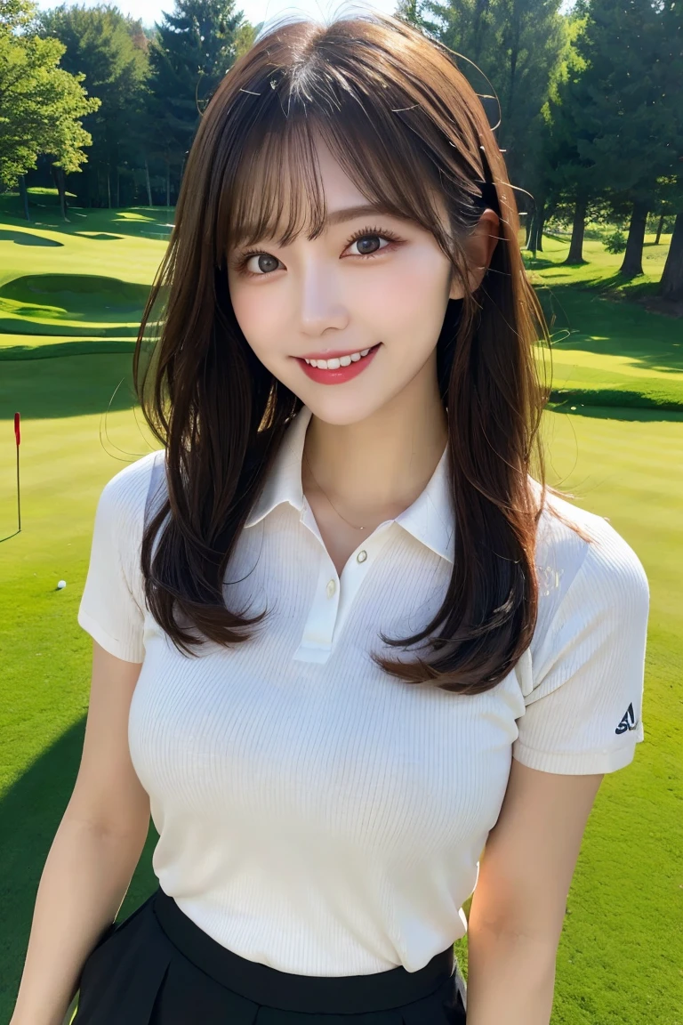 Golf course grass, Highest quality, shape, Very detailed, In detail, High resolution, 8k wallpaper, Perfect dynamic composition, Beautiful details,  Natural Lip, Golf Wear, Big Breasts, She is smiling in a cute pose.., A masterpiece of the whole body, Side Short